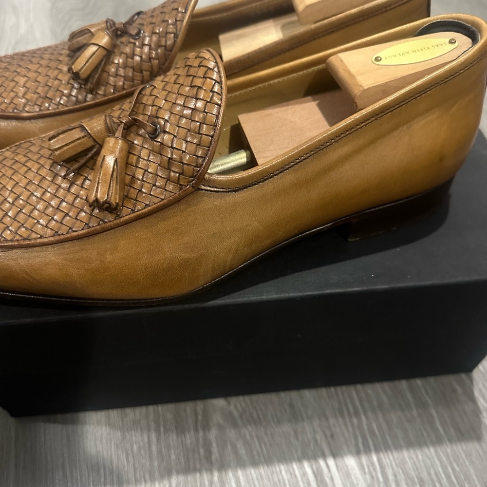 Made in Italy Saks Fifth Avenue Tan Woven Leather Loafers - Picture 3 of 7